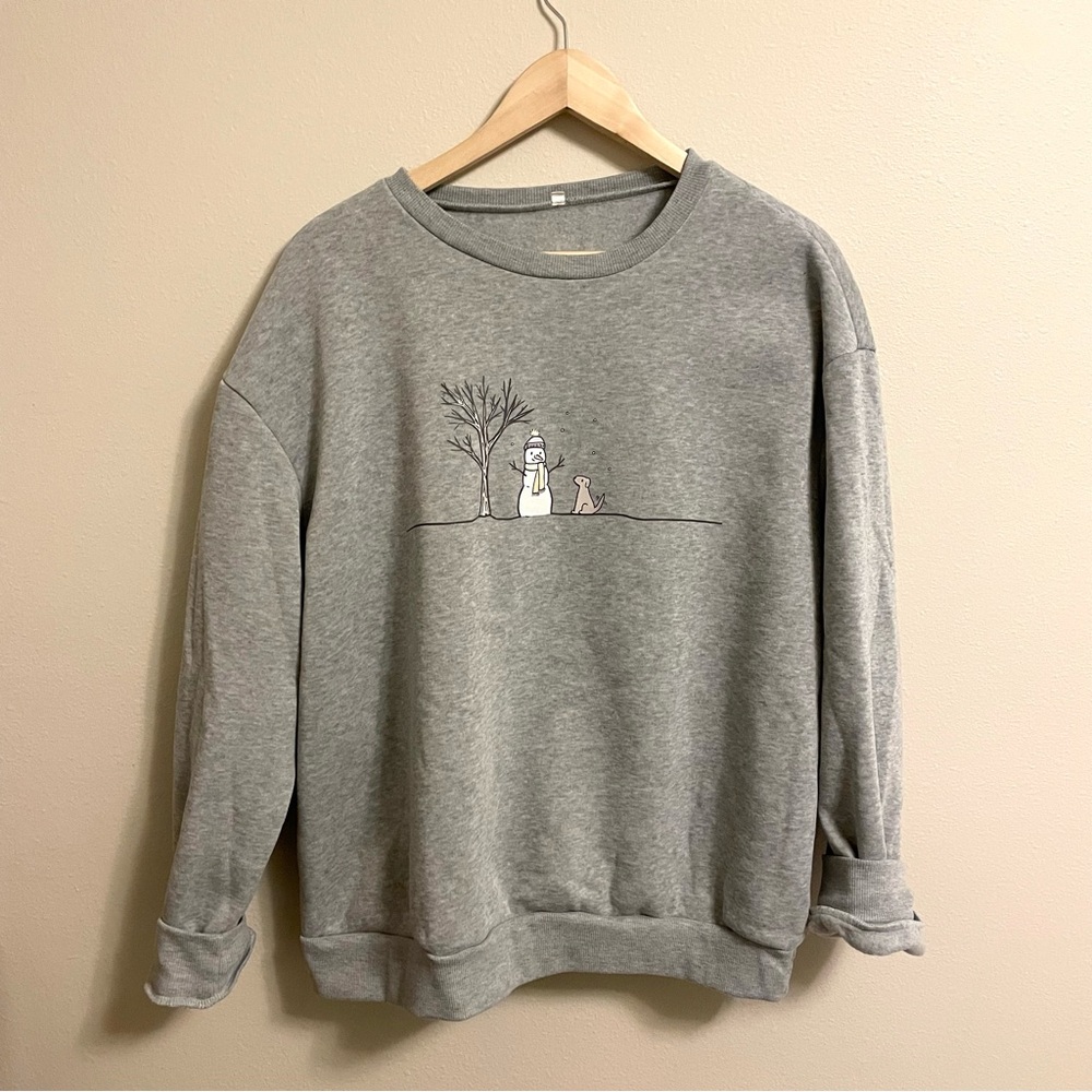 Whimsical Snowman With Dog Graphic - Heather Gray Crew Neck Sweatshirt - Size XL